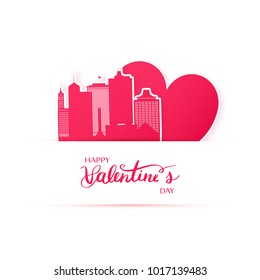 Red heart and silhouette of Memphis city paper stickers. Valentine card in paper art style.