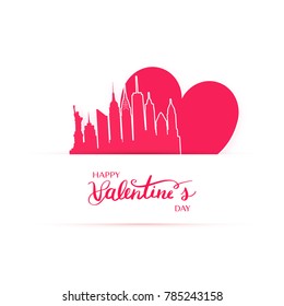 Red heart and silhouette of New York city paper stickers. Valentine card in paper art style.
