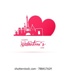 Red heart and silhouette of Paris city paper stickers. Valentine card in paper art style.