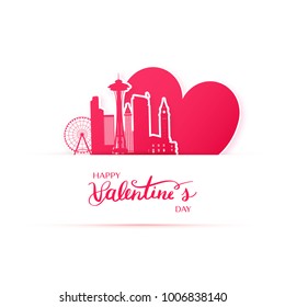 Red heart and silhouette of Seattle city, paper stickers. Valentine card in paper art style.