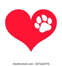 Red Heart Silhouette With A White Paw Print On It. Isolated Vector Object.