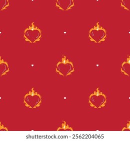 Red Heart Silhouettes on Fire Seamless Pattern. Burning Heart Symbol of Love for Valentine day design. Hand drawn vector illustration.