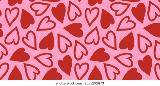 Red heart silhouettes and outlines on pink background seamless pattern. Sweet love. Valentine's day cute backdrop texture, wallpaper. Anniversary, wedding.