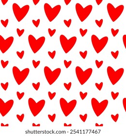 Red heart silhouettes seamless pattern. Random scattered red hearts background. Love or Valentine theme. Cartoon heart pattern for wedding, postcards, print, poster, party, Valentine day, textile