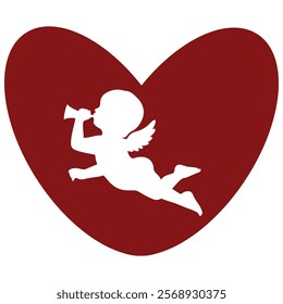 red heart simple icon with angel shadow with flute and big wings, valentine's day design