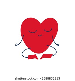 Red heart sitting in a meditative pose, eyes closed, in a peaceful and calm state. Isolated on a white background in flat-style vector illustration.