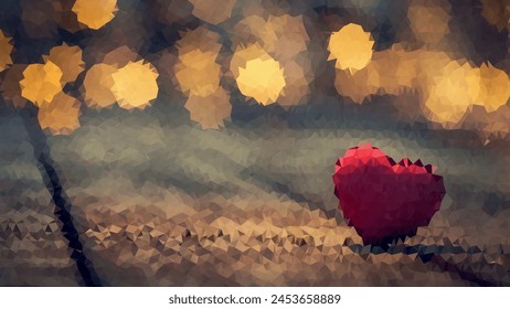 A red heart is sitting on the ground in a field. The heart is surrounded by blurry shapes, giving the image a dreamy, ethereal quality. Concept of longing and nostalgia