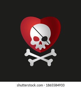 Red heart and skull with glued eye, crossbones on a black background 