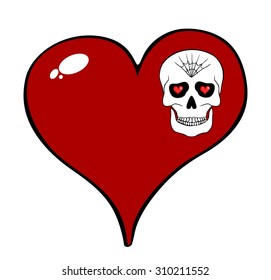 Red heart and skull motif isolated on white background