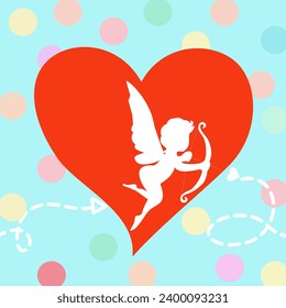 A red heart with a small white cupid inside, set against a blue background.