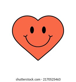 Red heart with a smile. Vector illustration isolated on white. Retro sticker in 1970 style.
