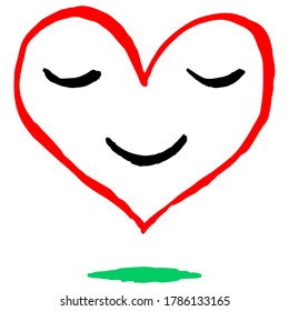 Red heart smiling. Face with smile emoji icon. Sketch drawing was drawn with brush and ink. Recolorable shape isolated from background. Vector illustration is a graphic element for artistic design.