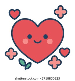 Un corazón rojo con una cara sonriente está rodeado de flores rosadas, corazones Pequeños y hojas verdes sobre un fondo blanco.