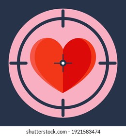 corazón rojo en un alcance de francotirador. seducir a una chica. ilustración vectorial plana.