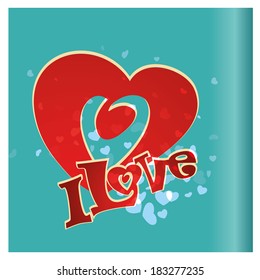 a red heart and some text in blue background