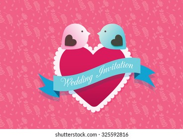 red heart and space for text on a ribbon with pink birds sweet romantic conceptual illustration background vector