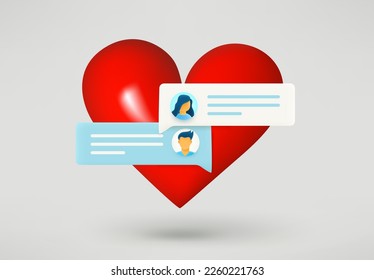 Red heart with speech balloons. Dating via internet concept. 3d vector illustration

