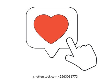 Red heart in speech bubble with hand click icon isolated on white background for social media. Buton for social media. Like sign. Finger up.