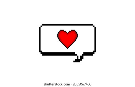 El corazón rojo en la burbuja del habla. Diseño de píxeles. Ilustración vectorial.