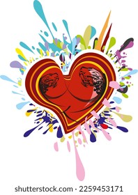 Red heart splashes with tiger heads elements isolated on white. Decorative symbol of love for emblems, embroidery, fabric, prints, fashion trends, stickers, valentines, wedding, romance cards, etc.