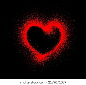 Red heart with splatter glow on black background. Passionate heart symbol. Love heart for sex shop, condoms logo, valentines day postcard, T-shirt print gift for beloved. Vector illustration.
