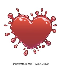 Red heart splatter isolated on white. Blood splattered in heart shape