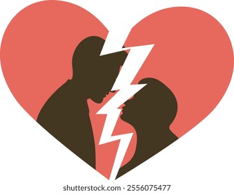 Red heart split by a jagged crack with silhouettes of two people inside, symbolizing a romantic breakup or conflict.