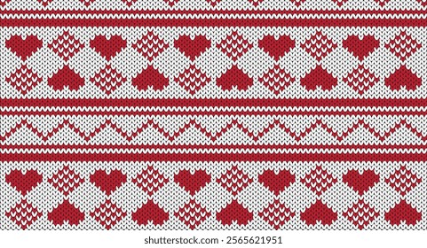 Red heart and square knitted pattern, Festive Sweater Design. Seamless Knitted Pattern