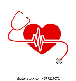 Red heart with stethoscope and heartbeat sign. Vector Illustration. Concept of the human health.