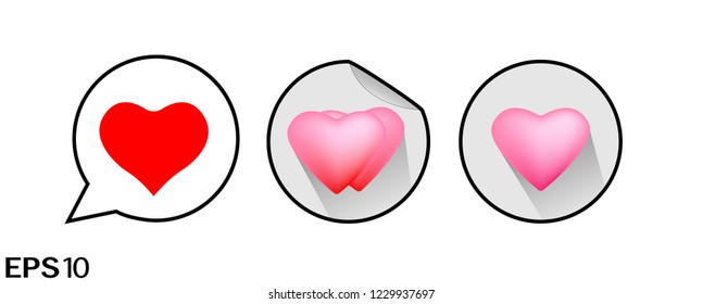 Red heart sticker icons flat design isolated on white background, vector illustrations