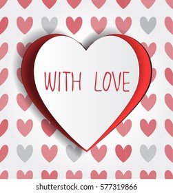 Red Heart Sticker With Shadow - vector illustration Postcard. Valentine's day abstract background with cut paper element. Love romantic message. Template and mock up for your text and congratulation