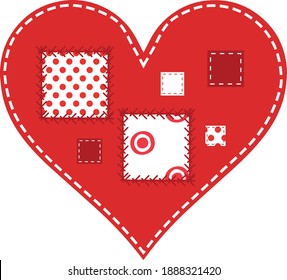 Un corazón rojo cosido con hilos blancos, un corazón con técnica de mosaico y cuadrados de otros tejidos, con puntos de polka