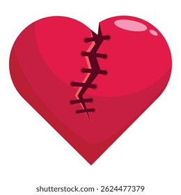 Red heart with stitches is trying to heal, showing the concept of love and pain