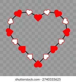 Red Heart String Lights Garland, Romantic Love Decoration on White Background. Valentine nubes garland banner, romantic heart decoration illustration for holiday cards and backgrounds