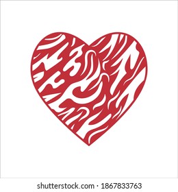 Red heart with striped Zebra wool pattern. Abstract love symbol, color isolated vector illustration, clipart, design, decoration, scrapbooking, app, banner, print, sublimation, clipping, laser, template