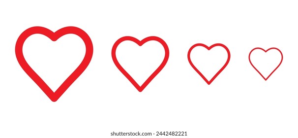 Red heart with stroke line.  Heart vector icons. Red heart on white background. Set of red line hearts. Vector illustration.