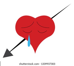 A red heart stucked with arrow is crying depicting broken heart vector color drawing or illustration 