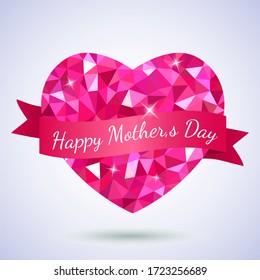 red heart in the style of polygonal triangulation. Congratulatory inscription Happy Mother's Day. Modern heart icon with sparkle glitter on a white background. flat vector illustration isolated
