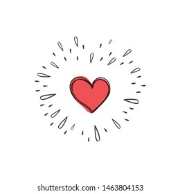 Red Heart with Sunburst. Vector Explosion. Hand drawn Design Element. doodle style.