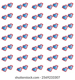 Red heart sunglasses patern isolated on white background. Seamless Red heart shape sunglasses pattern for card, print. Illustration for holiday party, celebration evening, wrapping paper Vector EPS 10