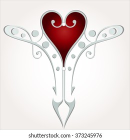 red heart surrounded by elegant silver grey ornate pattern on a white background, vector
