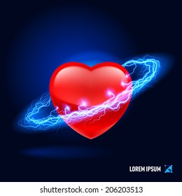 Red heart surrounded by a stream of blue energy in the space