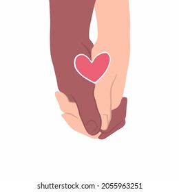 Red Heart Symbol Between Two People of Different Skin Color Holding Hands on White Background. Hand Drawn Colored Flat Vector Illustration.