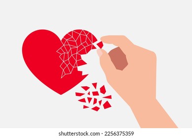 Red heart symbol broken into small pieces and hand of person assembling it into single whole. Concept of mental recovery after unhappy relationship, love and breakup