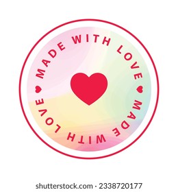 Red heart symbol label - made with love, sticker, colorful background