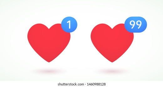 Red heart symbol and notification counter number 1; 99. Vector illustration. EPS 10