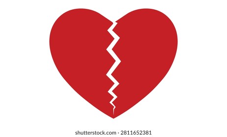 Red heart symbol split in half with jagged crack. Vector illustration of sadness and emotional pain concept design.