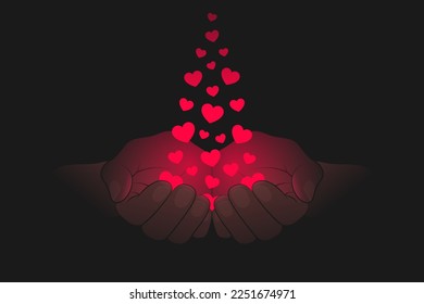 Red heart symbols and cupped palms over dark background. Concept of assistance and help, love and care, emotional support, charity and thankfulness