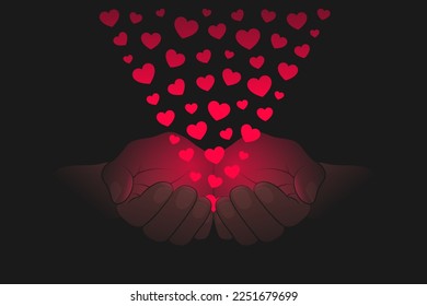 Red heart symbols and cupped palms over dark background. Concept of assistance and help, love and care, emotional support, charity and thankfulness