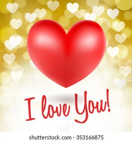 red heart symbols on glittering golden background and i love you words. vector